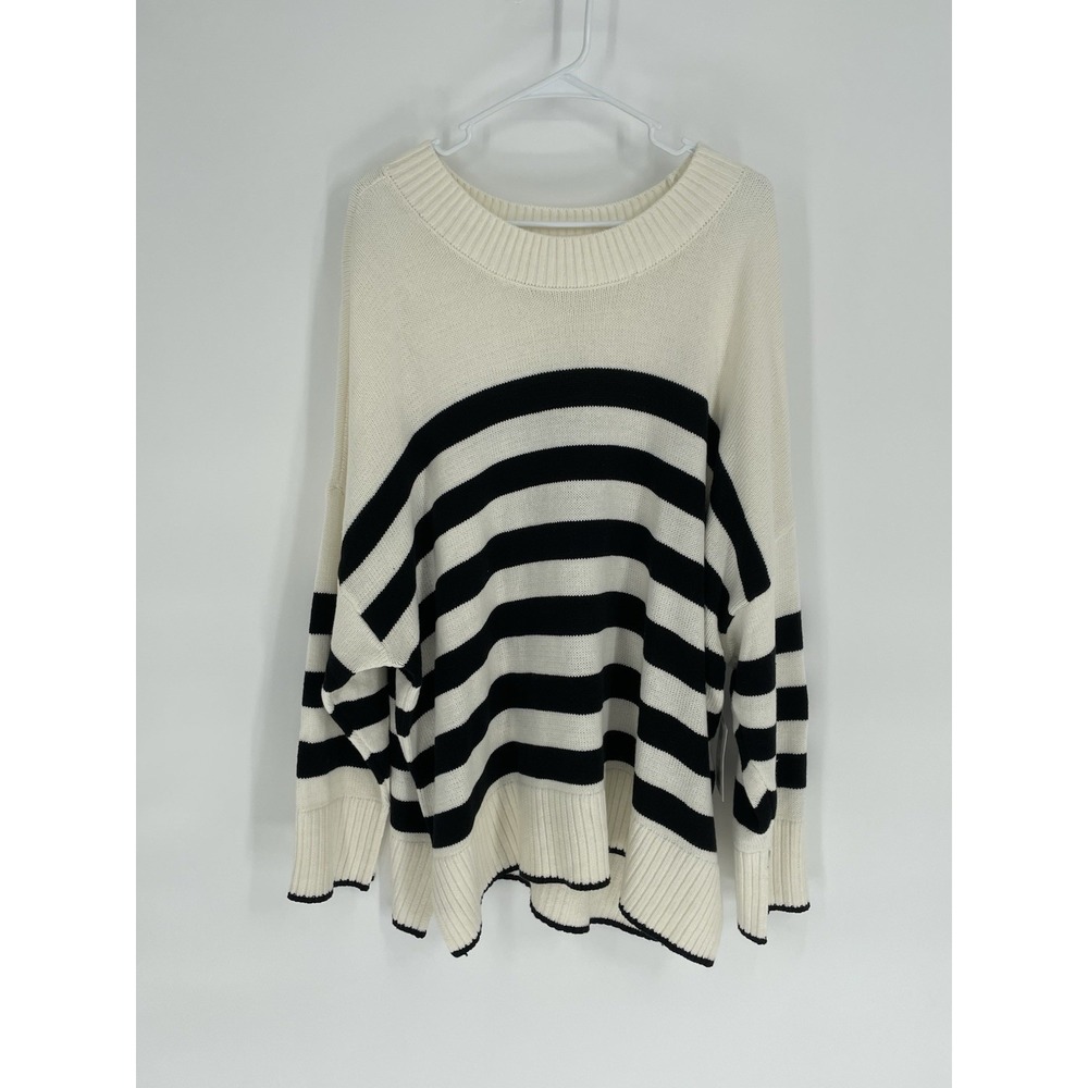 NWT Sonoma‎ Womens 3X Sweater Ivory Black Striped Side Slit Crewneck Pullover